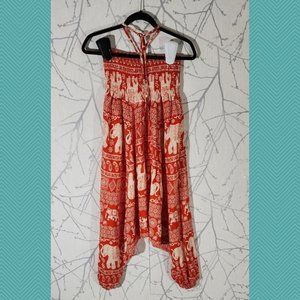 Unbranded Orange Elephants Printed Halter Smocked Harem Jumpsuit | Women's 0S